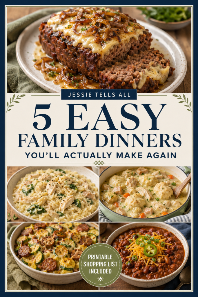 Cover of the 5 Easy Family Dinners You’ll Actually Make Again free recipe guide from Jessie Tells All