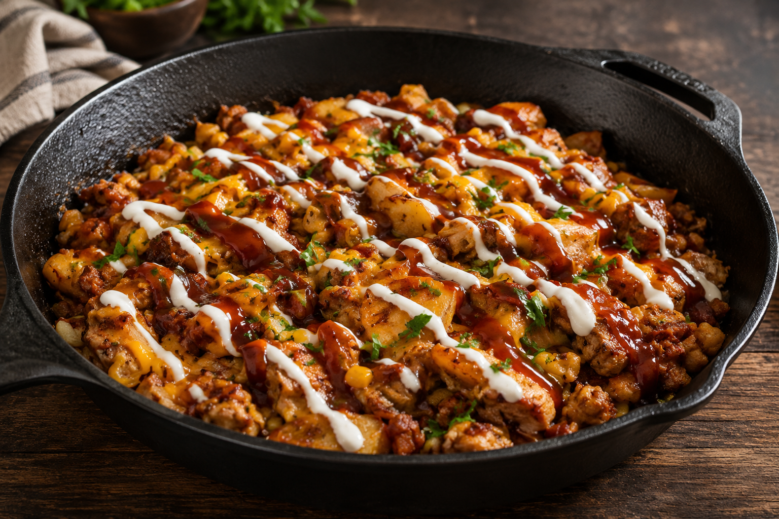 Loaded BBQ chicken and potato skillet with corn, bacon, melted cheddar, ranch, BBQ sauce and fresh parsley.
