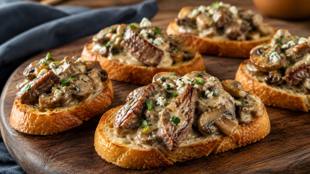 beef tip crostini with a creamy mushroom gorgonzola sauce