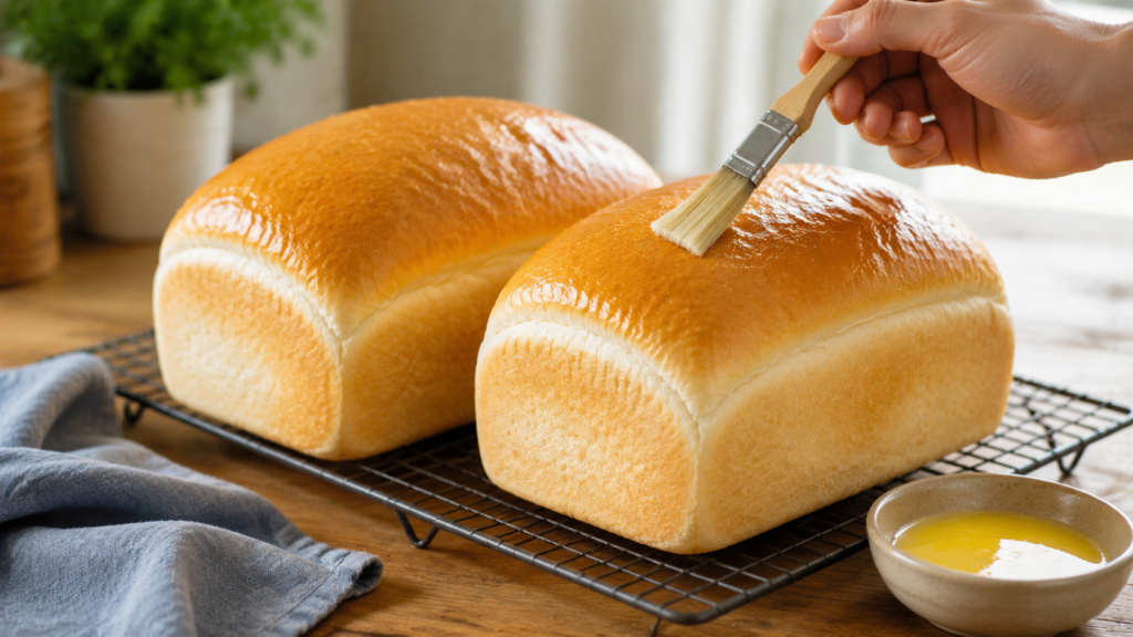 Two loaves of fresh homemade bread being brushed with melted butter