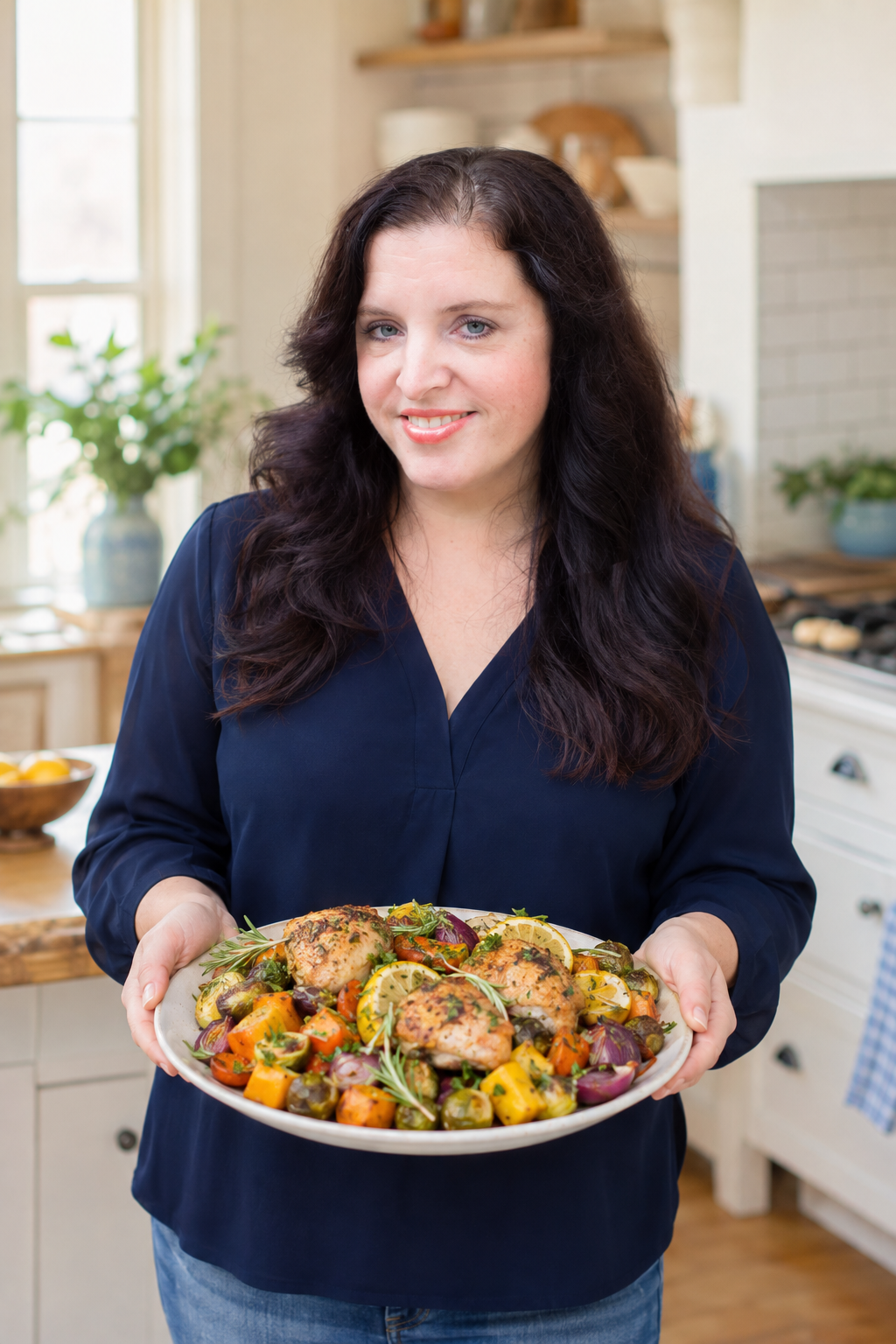 Jessie from Jessie Tells All holding a colorful platter of roasted chicken and vegetables in her kitchen.