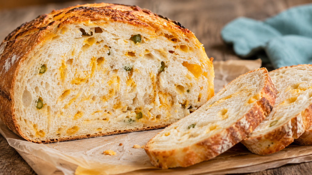 Sliced Cheddar Jalapeño Dutch Oven Bread showing a soft airy center with cheddar cheese and diced jalapeños.