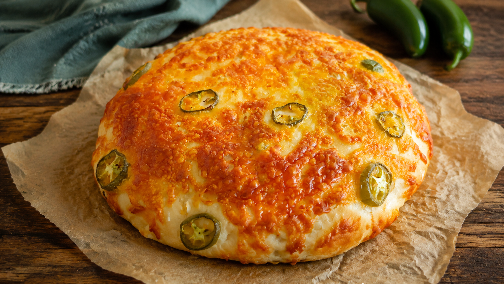 Homemade Cheddar Jalapeño Dutch Oven Bread with a golden cheese crust and baked jalapeño slices.