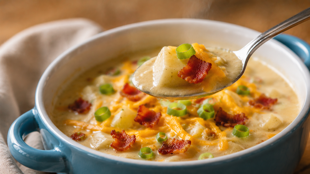 Spoonful of creamy cheesy potato soup with a tender potato, melted cheddar, crispy bacon and green onion.
