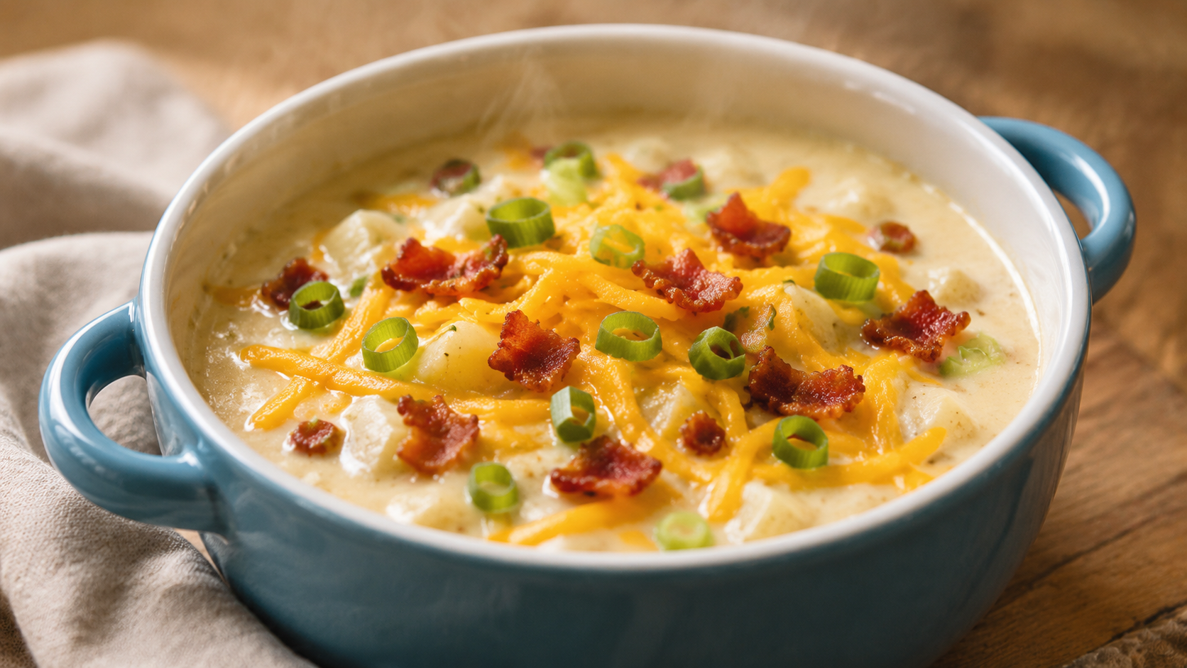 Creamy cheesy potato soup topped with crispy bacon, shredded cheddar cheese and sliced green onions in a turquoise bowl.
