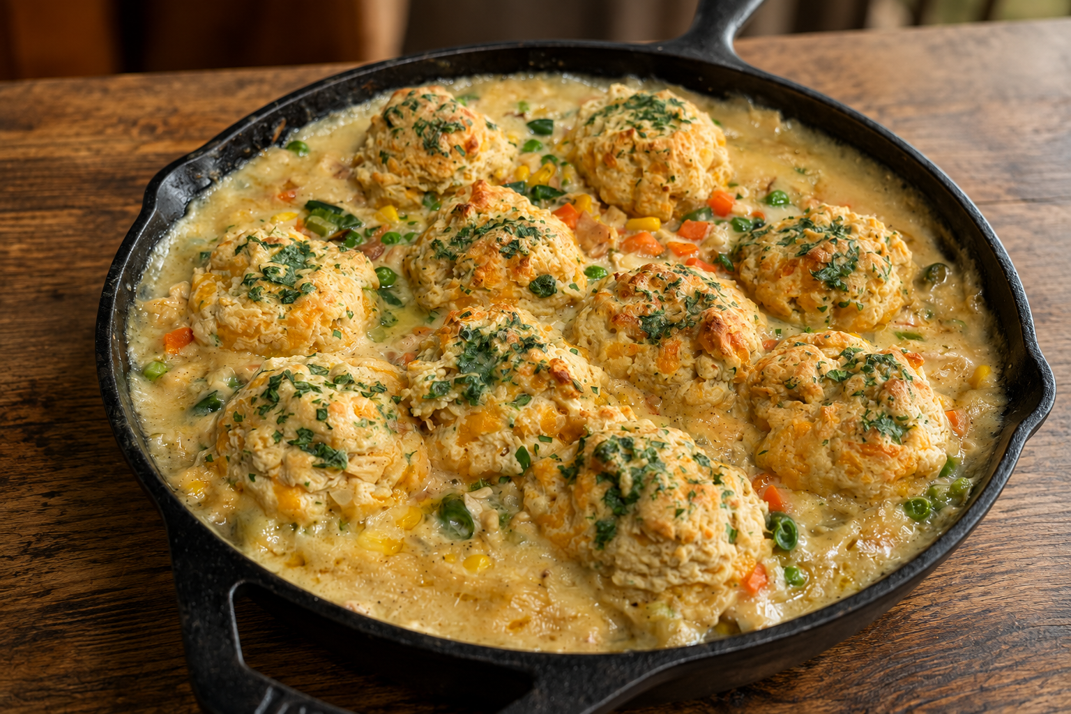 Cast-iron skillet filled with creamy chicken pot pie and topped with golden homemade cheddar biscuits and fresh parsley.