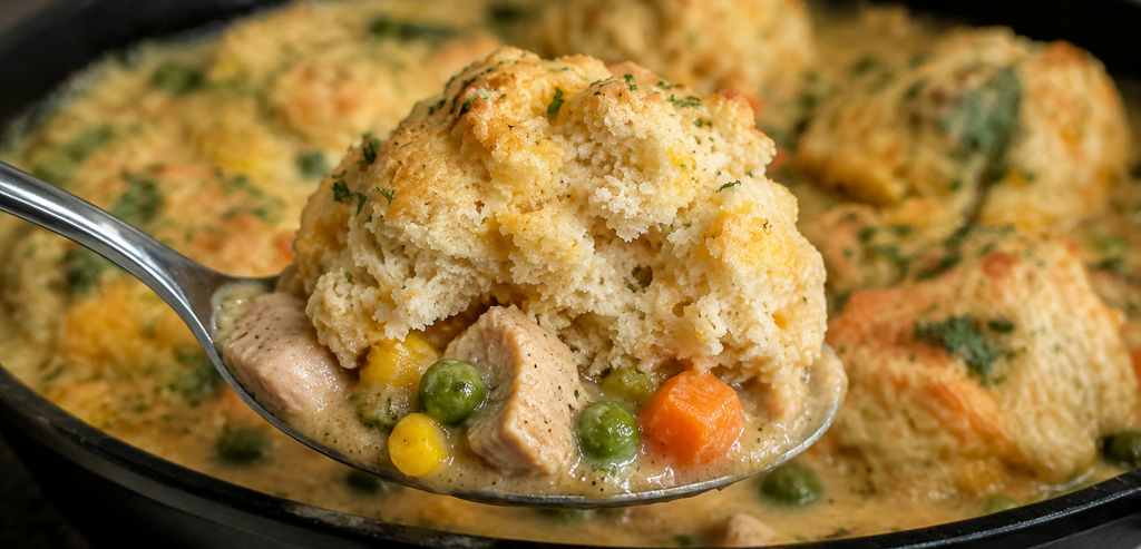 Spoonful of creamy chicken pot pie with tender chicken, mixed vegetables, and a broken-open cheddar biscuit.