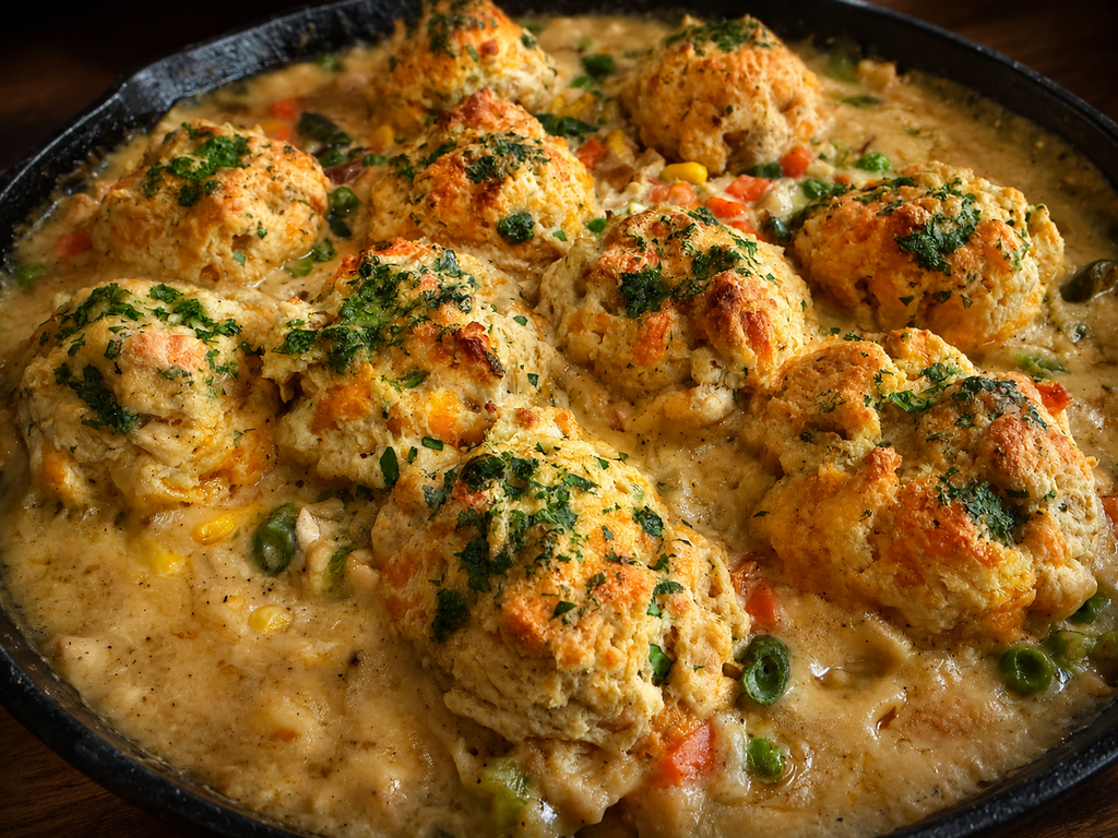 Cast iron skillet of chicken pot pie and homemade cheddar biscuits.