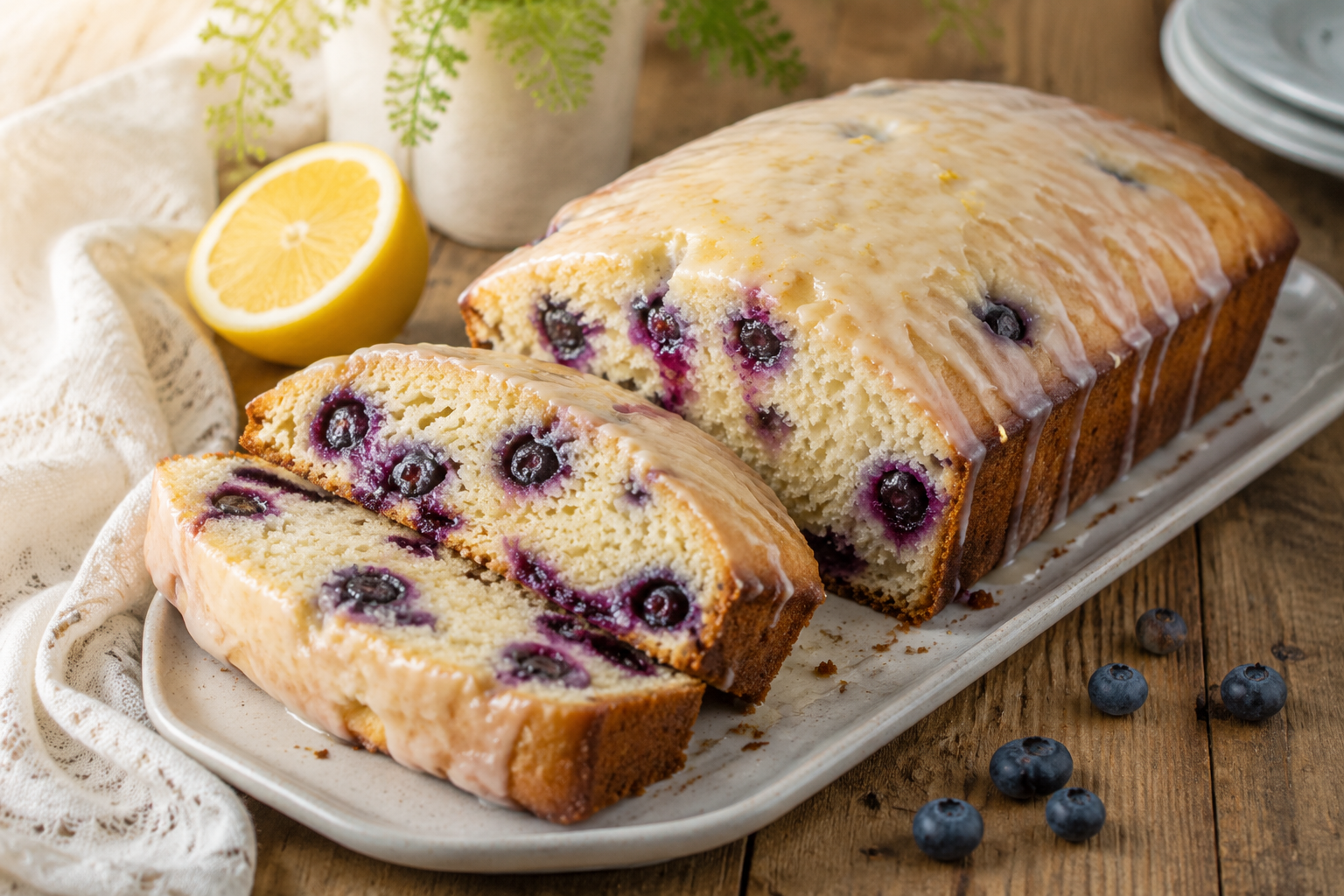 Glazed lemon blueberry bread loaf with two slices showing a moist, blueberry-filled interior, served with fresh blueberries and a halved lemon.