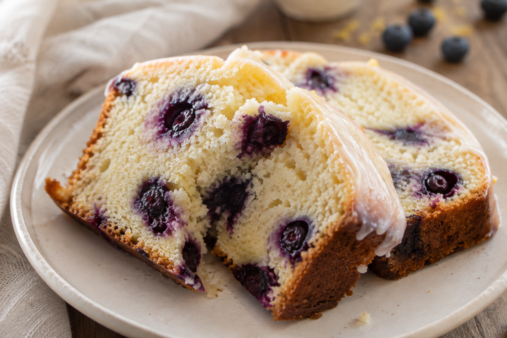Slices of moist lemon blueberry bread filled with juicy blueberries and topped with sweet lemon icing on a cream-colored plate.