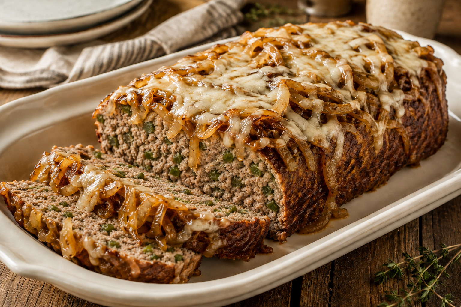 Crock Pot French Onion Meatloaf topped with caramelized onions and melted Swiss cheese