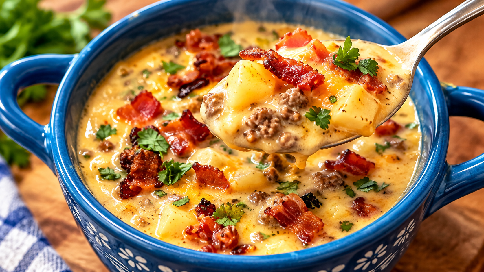 Close-up of creamy bacon cheeseburger soup with a spoonful of tender potatoes, seasoned ground beef, melted cheddar cheese, and crispy bacon above a blue ceramic bowl.