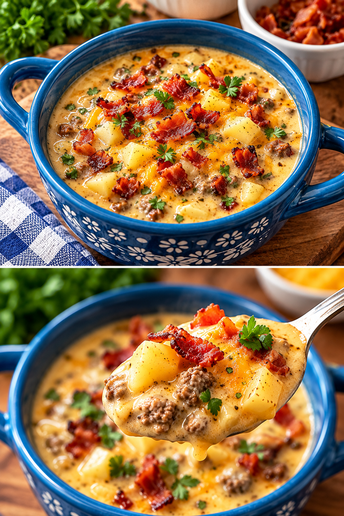 Creamy bacon cheeseburger soup loaded with seasoned ground beef, tender potatoes, melted cheddar cheese, and crispy bacon, served in a blue ceramic bowl with fresh parsley.