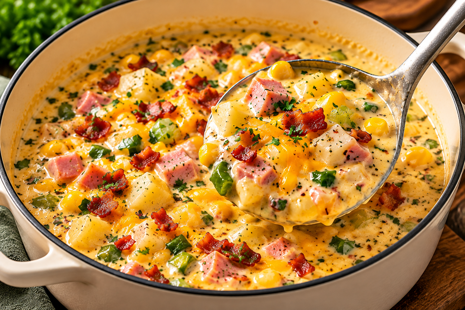 Creamy ham and potato corn chowder loaded with tender potatoes, smoky ham, sweet corn, crispy bacon, and cheddar cheese, with a hearty spoonful lifted from a Dutch oven.