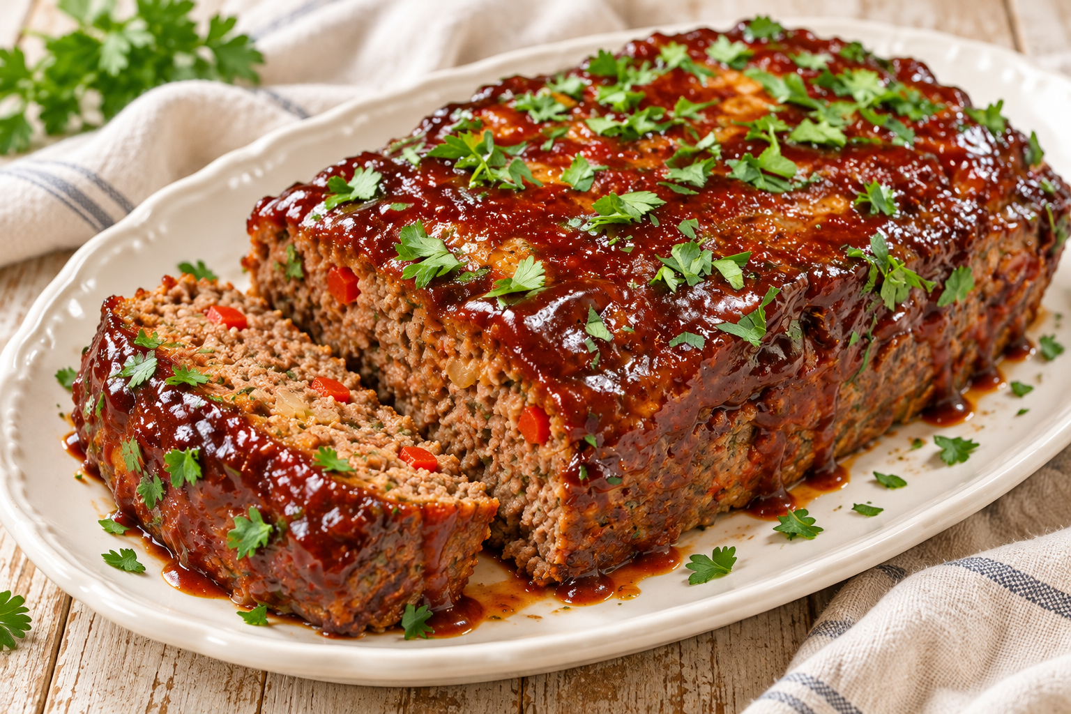 Classic beef and pork meatloaf with a glossy BBQ chili glaze and fresh parsley, served on a white platter with one slice cut.