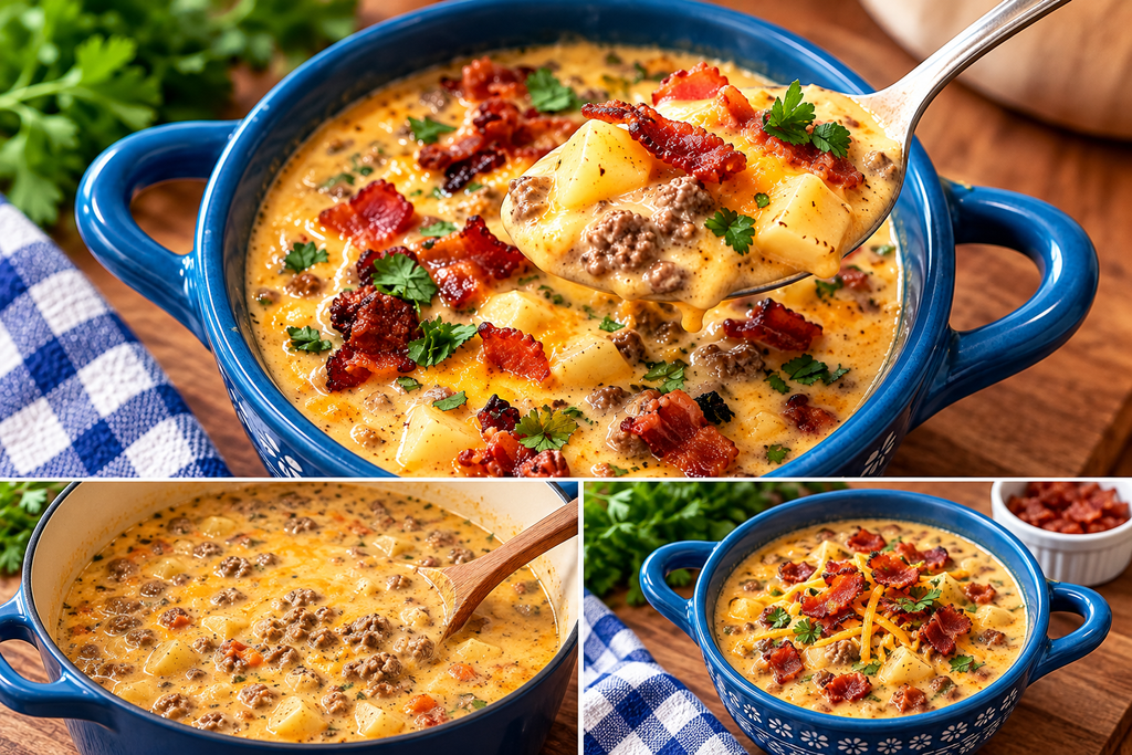 Homemade bacon cheeseburger soup simmering in a Dutch oven, filled with seasoned ground beef, tender diced potatoes, and a rich, creamy cheddar cheese broth.