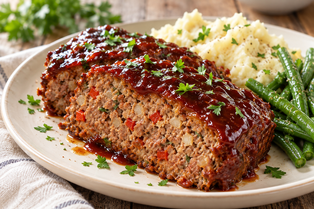 Two slices of BBQ chili glazed meatloaf topped with fresh parsley, served with mashed potatoes and green beans on a cream-colored plate.